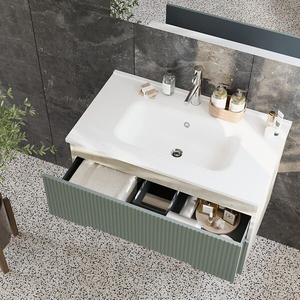 KIAMAMI VALENTINA - Meuble De Salle De Bain Suspendu 60Cm Chêne Glacé Et Vert Sauge | Magnolia - large