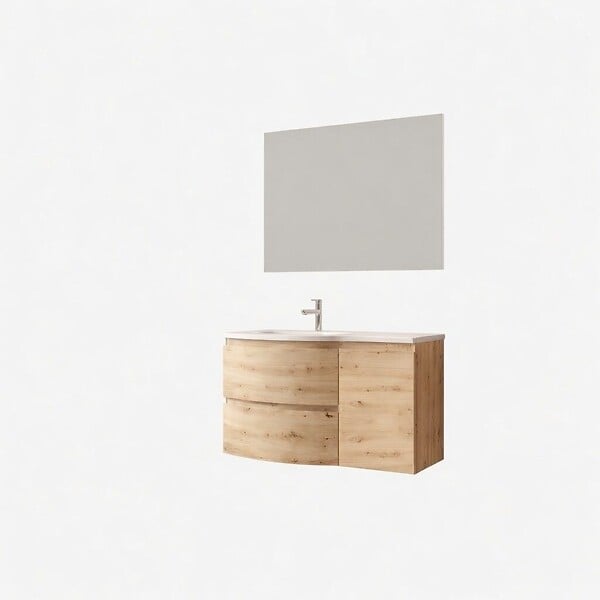 KIAMAMI VALENTINA - Meuble De Salle De Bain Suspendu Courbe 105Cm Chêne Doré Avec Vasque Gauche | Los Angeles - large