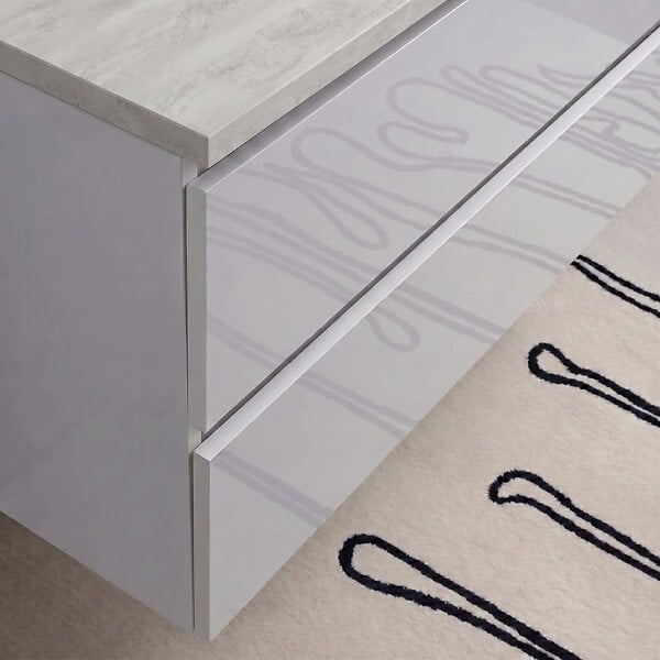 KIAMAMI VALENTINA - Meuble De Salle De Bain Suspendu 80 Cm Blanc Brillant Avec Plateau Effet Béton Moderne | Benaco - large