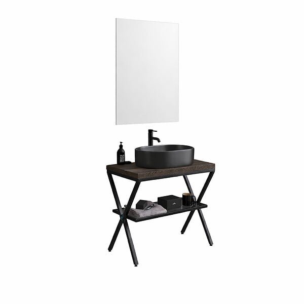 KIAMAMI VALENTINA - Chevalet De Salle De Bain En Métal Noir Avec Étagère En Verre, Plateau Chêne Fossilisé Et Miroir 60X80 | Manchester - large