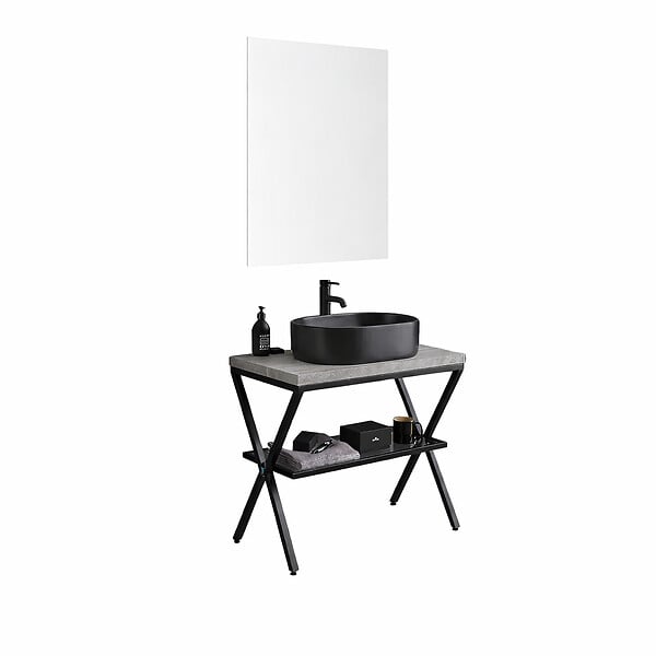 KIAMAMI VALENTINA - Console De Salle De Bain Noire Avec Étagère En Verre 60Cm, Plateau Effet Béton, Miroir 60X80 Et Lampe | Manchester - large
