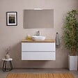 KIAMAMI VALENTINA - Meuble De Salle De Bain Suspendu 80 Cm Blanc, Plateau Chêne Naturel, Miroir Et Lampe | Berlin - vignette