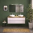 KIAMAMI VALENTINA - Meuble Salle De Bain Suspendu 120 Cm Blanc Export Avec Plan Chêne Naturel, Miroir 120X60 Et 2 Lampes | Berlin - vignette
