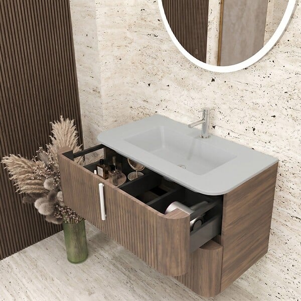 KIAMAMI VALENTINA - Meuble De Salle De Bain Suspendu 100 Cm Finition Cannage Tabac Moderne | Hollywood - large