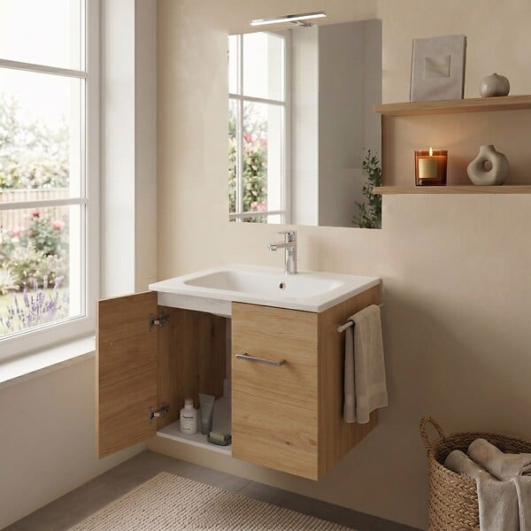 KIAMAMI VALENTINA - Meuble De Salle De Bain Suspendu Chêne Artisan 60 Cm Avec Vasque Et Miroir | Square - large
