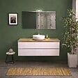 KIAMAMI VALENTINA - Meuble Salle De Bain Suspendu 120Cm Blanc Export Avec Plan Chêne Naturel, Miroir Et Lampe | Berlin - vignette