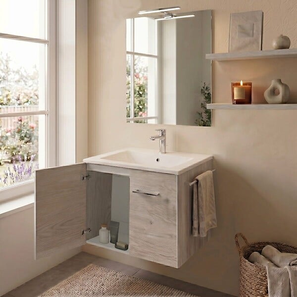 KIAMAMI VALENTINA - Meuble De Salle De Bain Suspendu Chêne Blanc 60 Cm Avec Miroir Et Lavabo | Square - large