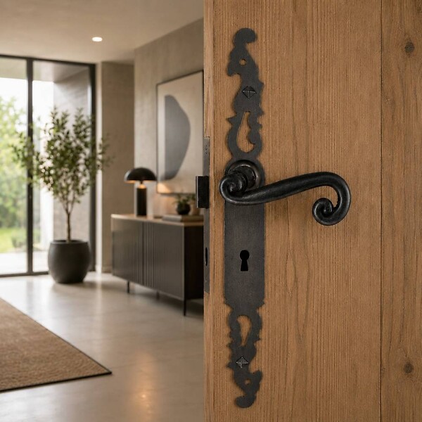 SECURY-T - Poignées de porte fer forgé COQ vieil argent 330X36 mm Trou de clé L - large
