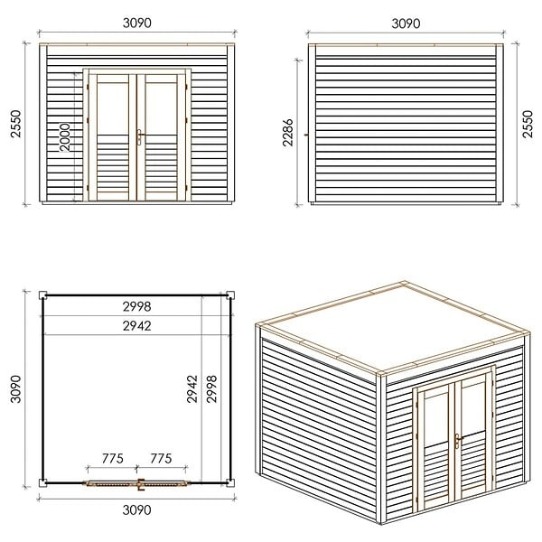 ALTANKA - Abri de jardin en bois Sora 3.09x3.09m - 9.55m2 - Ep. 28mm - Traité - 000476 - large