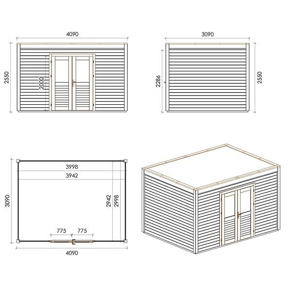 ALTANKA - Abri de jardin en bois Nova 4.09x3.09m - 12.64m2 - Ep. 28mm - Traité - 000478 - large