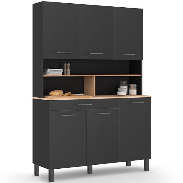 ID MARKET - Buffet de cuisine 120 cm CINA 6 portes + tiroir noir et plateaux façon hêtre - large