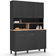 ID MARKET - Buffet de cuisine 120 cm CINA 6 portes + tiroir noir et plateaux façon hêtre - vignette