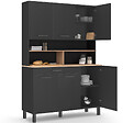 ID MARKET - Buffet de cuisine 120 cm CINA 6 portes + tiroir noir et plateaux façon hêtre - vignette