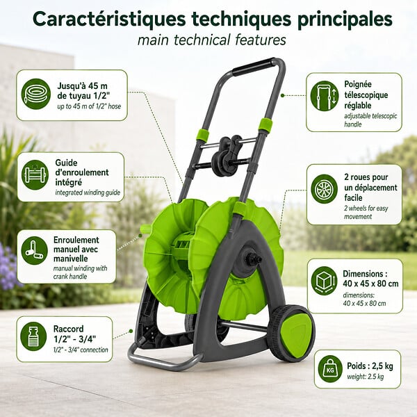 VITO - Chariot Dévidoir Tuyau d'Arrosage jusqu'à 45m 1/2" Enrouleur Tuyau Guide Poignée Télescopique Manivelle 2 roues Jardin VITO - large