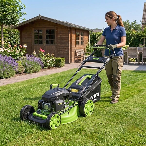 VITO - Tondeuse à gazon Thermique 5.5 CV 190cc Moteur 4T Essence Coupe 51cm Bac 60L Mulching 7 hauteurs 25 à 75mm Entretien Jardin VITO - large
