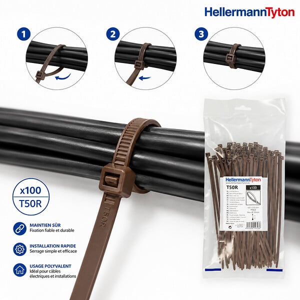 HELLERMANNTYTON - Lot de 100 colliers de serrage HellermannTyton 200 x 4,6 mm résistance 225 N maintien ferme idéal pour câbles et tuyaux - large