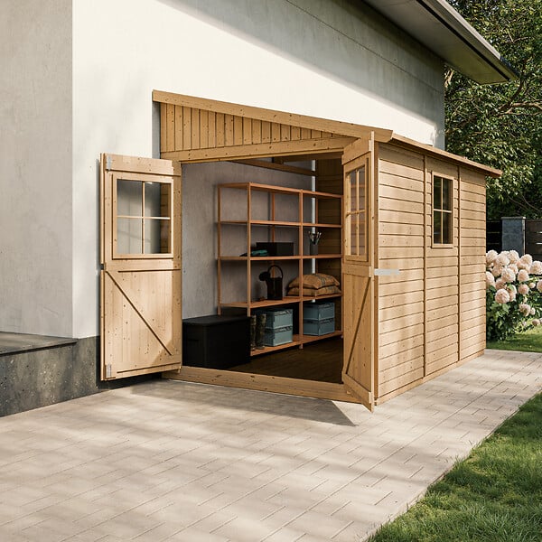 TIMBELA - TIMBELA M339  Abri de Jardin en Bois Naturel (sans paroi latérale) - H243xl216xL318 cm/6 m2 - large