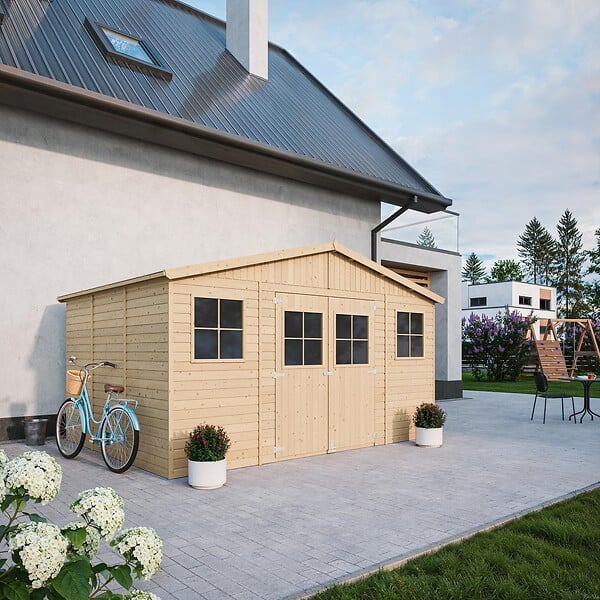 TIMBELA - Abri de jardin en bois H246x418x320 cm/12 m² AVEC PLANCHER IMPRÉGNÉ - M331+M331G - large