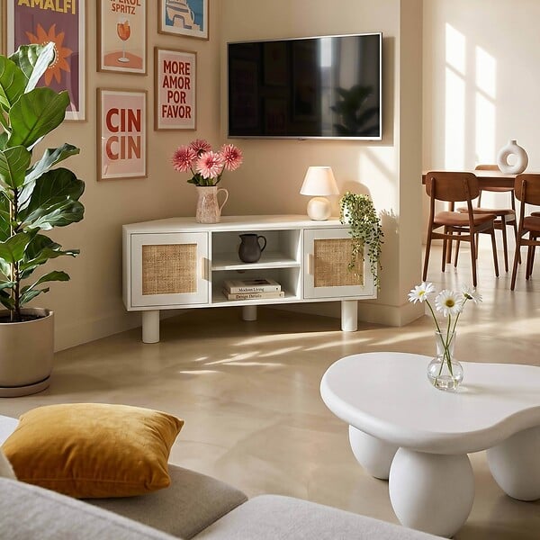 OVIALA - Meuble TV d'angle 120 cm en rotin synthétique scandinave crème - Adam - large