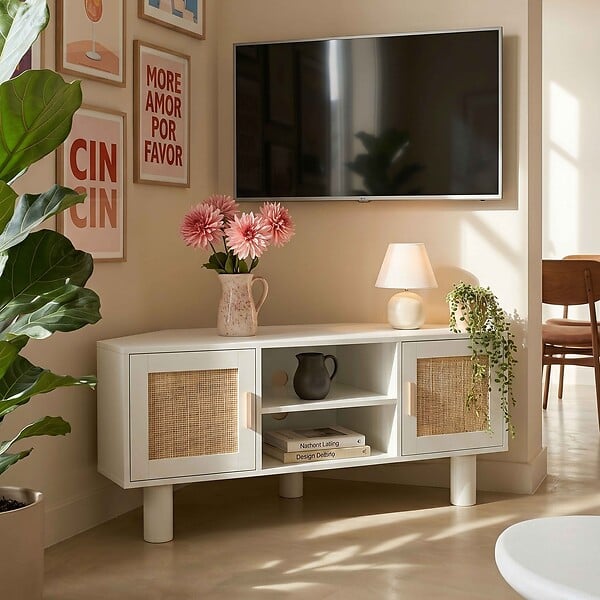 OVIALA - Meuble TV d'angle 120 cm en rotin synthétique scandinave crème - Adam - large