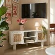 OVIALA - Meuble TV d'angle 120 cm en rotin synthétique scandinave crème - Adam - vignette