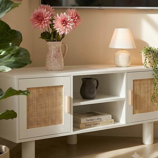 OVIALA - Meuble TV d'angle 120 cm en rotin synthétique scandinave crème - Adam - large