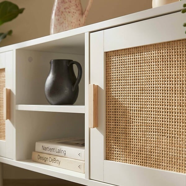 OVIALA - Meuble TV d'angle 120 cm en rotin synthétique scandinave crème - Adam - large