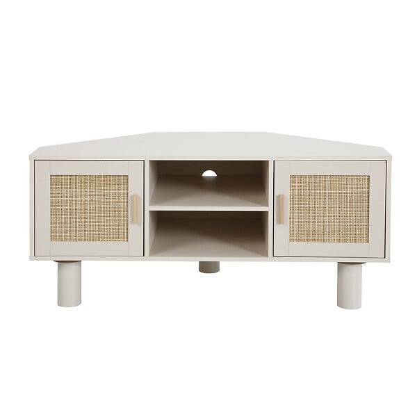 OVIALA - Meuble TV d'angle 120 cm en rotin synthétique scandinave crème - Adam - large