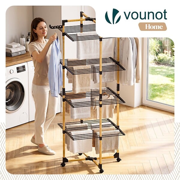 VOUNOT - Sechoir a linge vertical tour etendoir pliable 4 niveaux 99x69x175.5 cm style bois noir - large