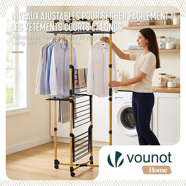 VOUNOT - Sechoir a linge vertical tour etendoir pliable 4 niveaux 99x69x175.5 cm style bois noir - large