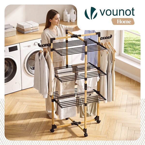 VOUNOT - Sechoir a linge vertical tour etendoir pliable 3 niveaux 99x69x135.5 cm style bois noir - large