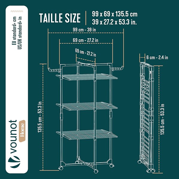 VOUNOT - Sechoir a linge vertical tour etendoir pliable 3 niveaux 99x69x135.5 cm style bois noir - large