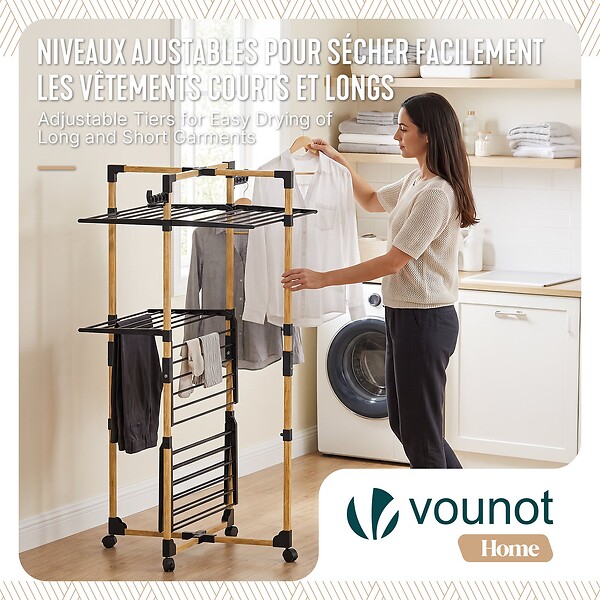 VOUNOT - Sechoir a linge vertical tour etendoir pliable 3 niveaux 99x69x135.5 cm style bois noir - large
