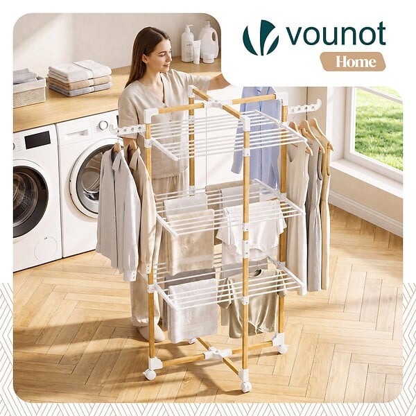VOUNOT - Sechoir a linge vertical tour etendoir pliable 3 niveaux 99x69x135.5 cm style bois blanc - large