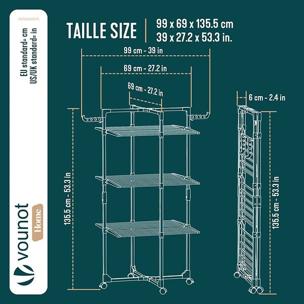 VOUNOT - Sechoir a linge vertical tour etendoir pliable 3 niveaux 99x69x135.5 cm style bois blanc - large