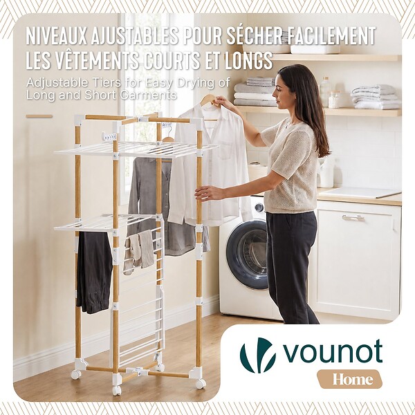 VOUNOT - Sechoir a linge vertical tour etendoir pliable 3 niveaux 99x69x135.5 cm style bois blanc - large