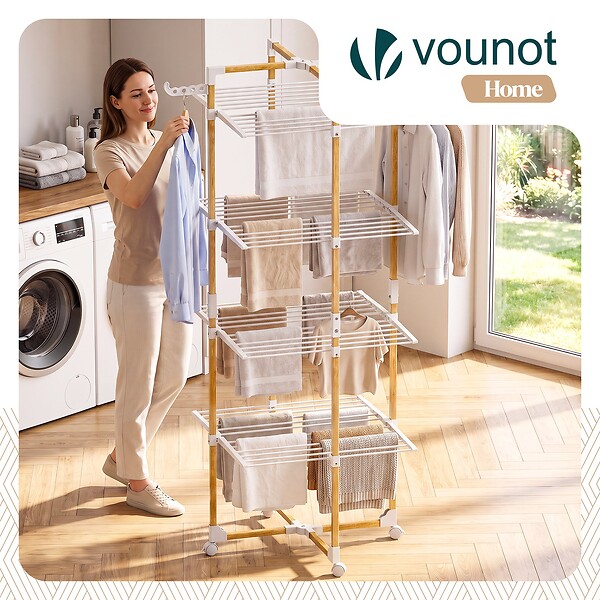 VOUNOT - Sechoir a linge vertical tour etendoir pliable 4 niveaux 99x69x175.5 cm style bois blanc - large