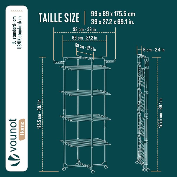 VOUNOT - Sechoir a linge vertical tour etendoir pliable 4 niveaux 99x69x175.5 cm style bois blanc - large