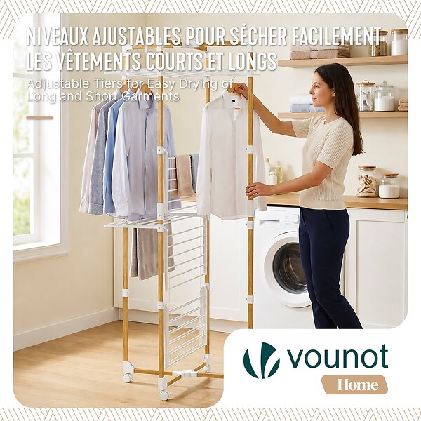 VOUNOT - Sechoir a linge vertical tour etendoir pliable 4 niveaux 99x69x175.5 cm style bois blanc - large
