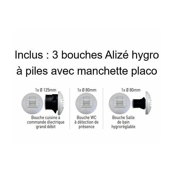 NATHER - Kit VMC simple flux hygro B MAESTRO EC Très Basse Conso + 3 Bouches piles - large