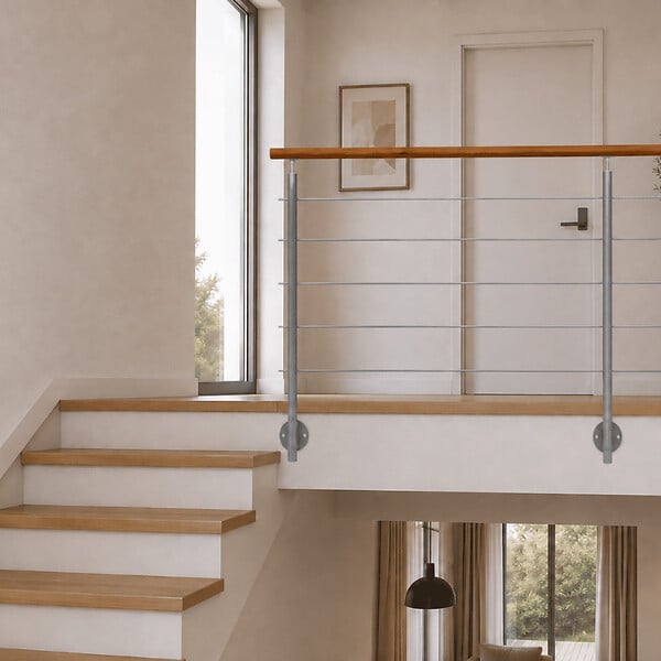 KORDO - Kit garde-corps aluminium gris alu 2m pose latérale avec main courante teintée chêne, Inoline KORDO - large