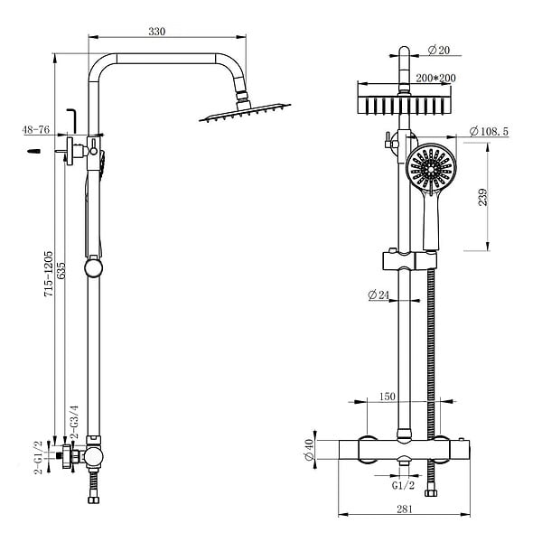 AICA SANITAIRE - AICA Colonne de douche thermostatique, Acier inoxydable Pomme 200mm+Douchette 3 jets, Chromé - large