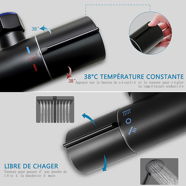 AICA SANITAIRE - AICA colonne de douche thermostatique noir mat avec douche de tête carrée, réglable selon plusieurs modes, réglable en hauteur - large