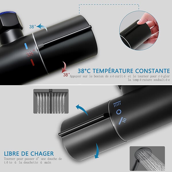 AICA SANITAIRE - AICA colonne de douche thermostatique noir mat avec douche de tête carrée, réglable selon plusieurs modes, réglable en hauteur - large