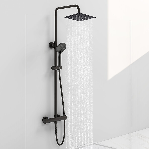 AICA SANITAIRE - AICA Colonne de douche thermostatique noire, avec douche de tête carrée, ensemble de douche en acier inoxydable, douchette à main réglable en différents modes - large