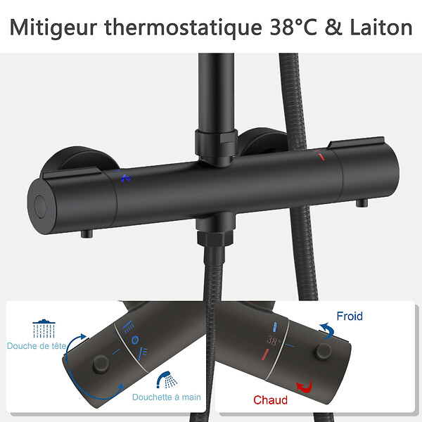 AICA SANITAIRE - AICA Colonne de douche thermostatique noire, avec douche de tête carrée, ensemble de douche en acier inoxydable, douchette à main réglable en différents modes - large