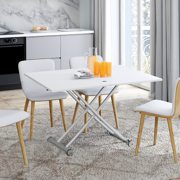 ID MARKET - Table basse 2 en 1 relevable en table à manger rectangulaire URBANA 100 cm blanc pied gris chromé - large