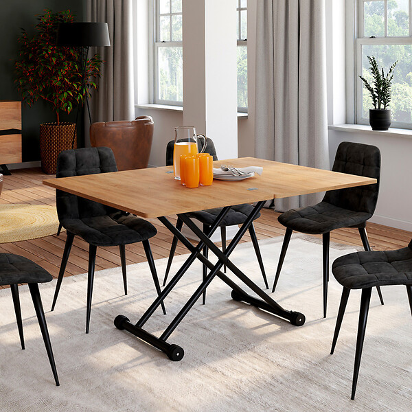 ID MARKET - Table basse 2 en 1 relevable en table à manger rectangulaire URBANA 100 cm bois et noir design industriel - large