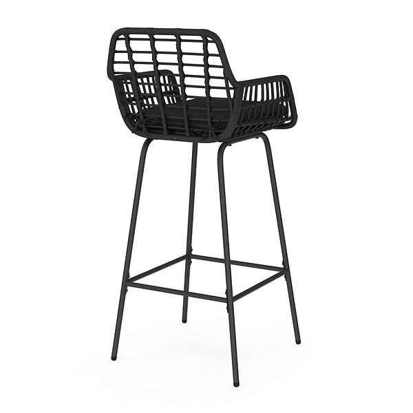 ID MARKET - Lot de 2 tabourets de bar SUMMER avec accoudoirs effet rotin noir pied métal noir - large