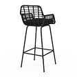ID MARKET - Lot de 2 tabourets de bar SUMMER avec accoudoirs effet rotin noir pied métal noir - vignette